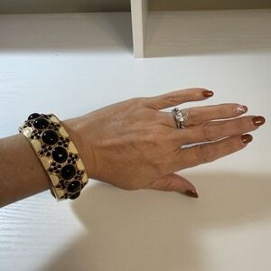 VTG Banana Republic Ivory Enamel‎ and Black Cabochon Hinged Bracelet Y2K Chunky